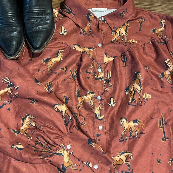 7am Women’s XL Rust Horse Print Button-Up Shirt Western Collard - Picture 2 of 7